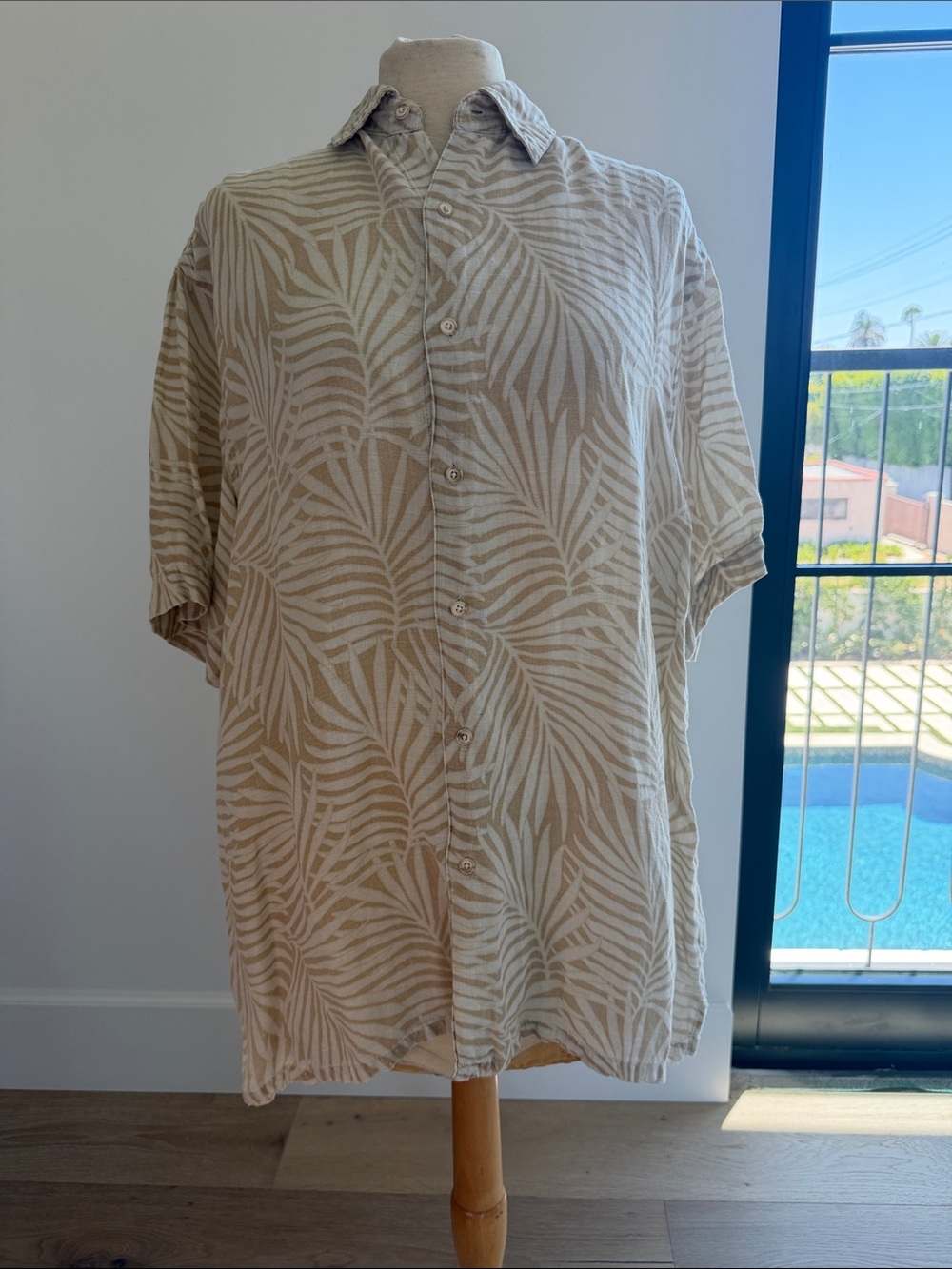 Tasso Elba Beige and White Tropical Print Shirt